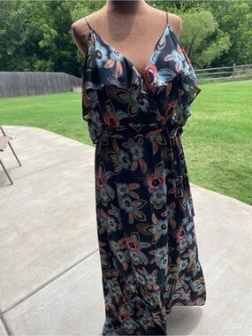 LOFT Navy Maxi Dress with Teal and Coral Floral Print